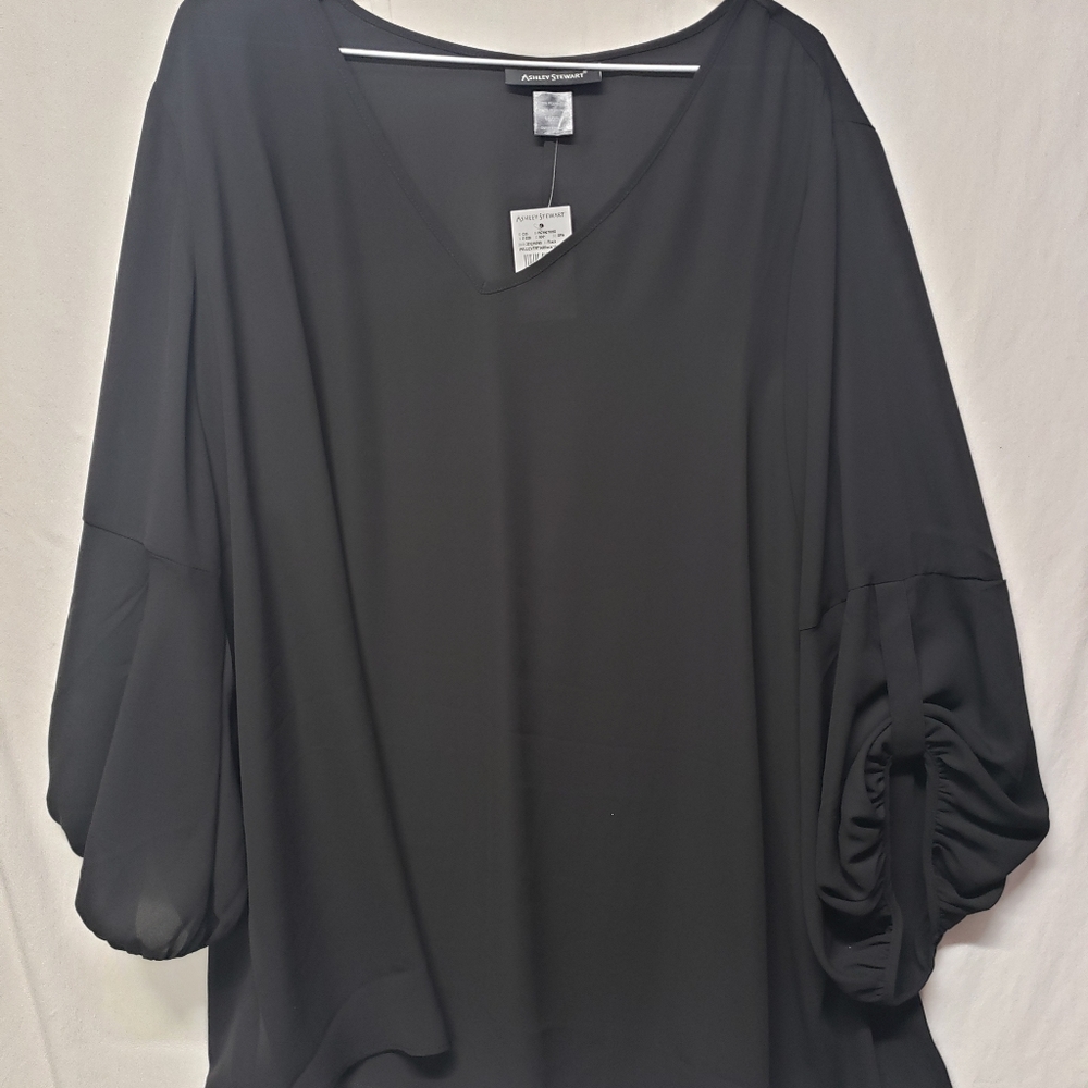 NWT Ashley Stewart SZ 18/20 Black Pull-over Vneck Sheer Blouse